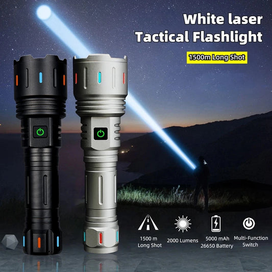 White Laser LED Flashlight with Power Bank Long Range High-Power Type-c Charging Tactical Torch 50W Outdoor Adventure Lighting