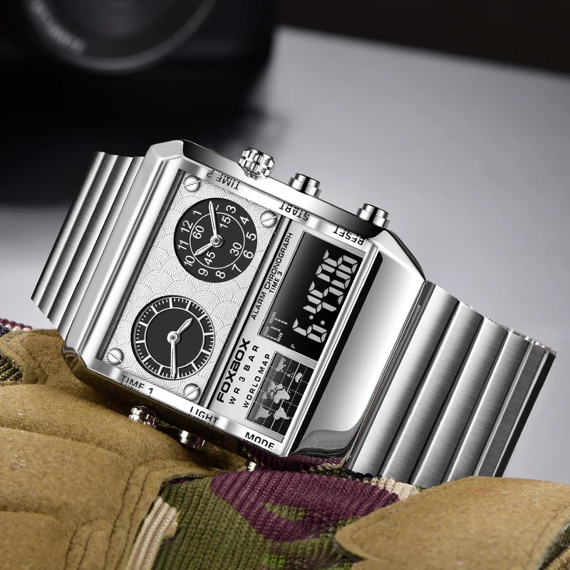 LIGE New Sport Mens Watches FOXBOX Brand Luxury Square Watch For Men Fashion Waterproof Dual Display Watch Relogio Masculino+box