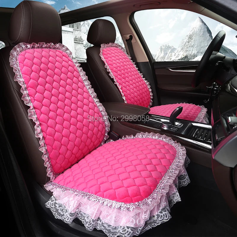 Fashion Pink Lace Car Seat Cover Velvet Plush Seat Cushion Pad Auto Chair Car Front Seat Protector For Lady Girl Women