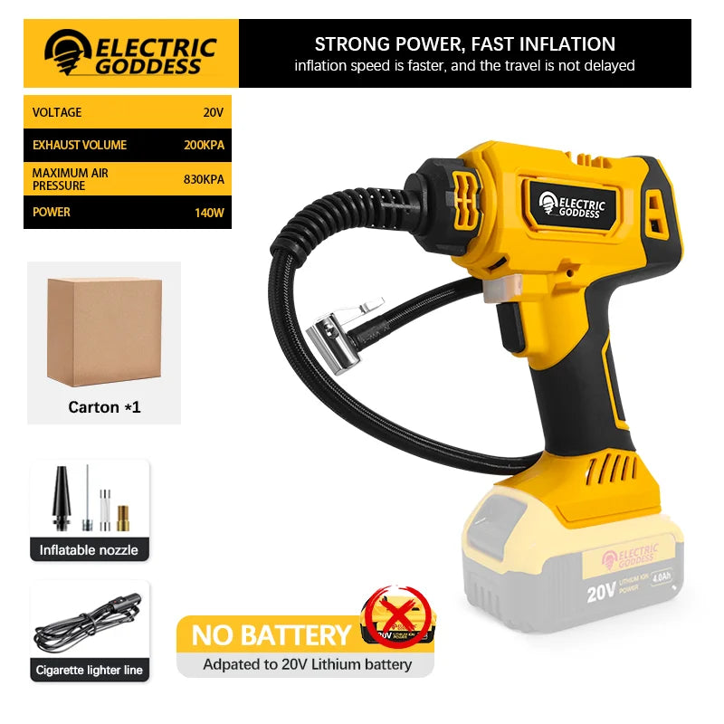 830kpa Cordless Yellow Air Pump Car Tire Air Pump Digital Display Equipped With Led Light For Dewalt 20v Battery