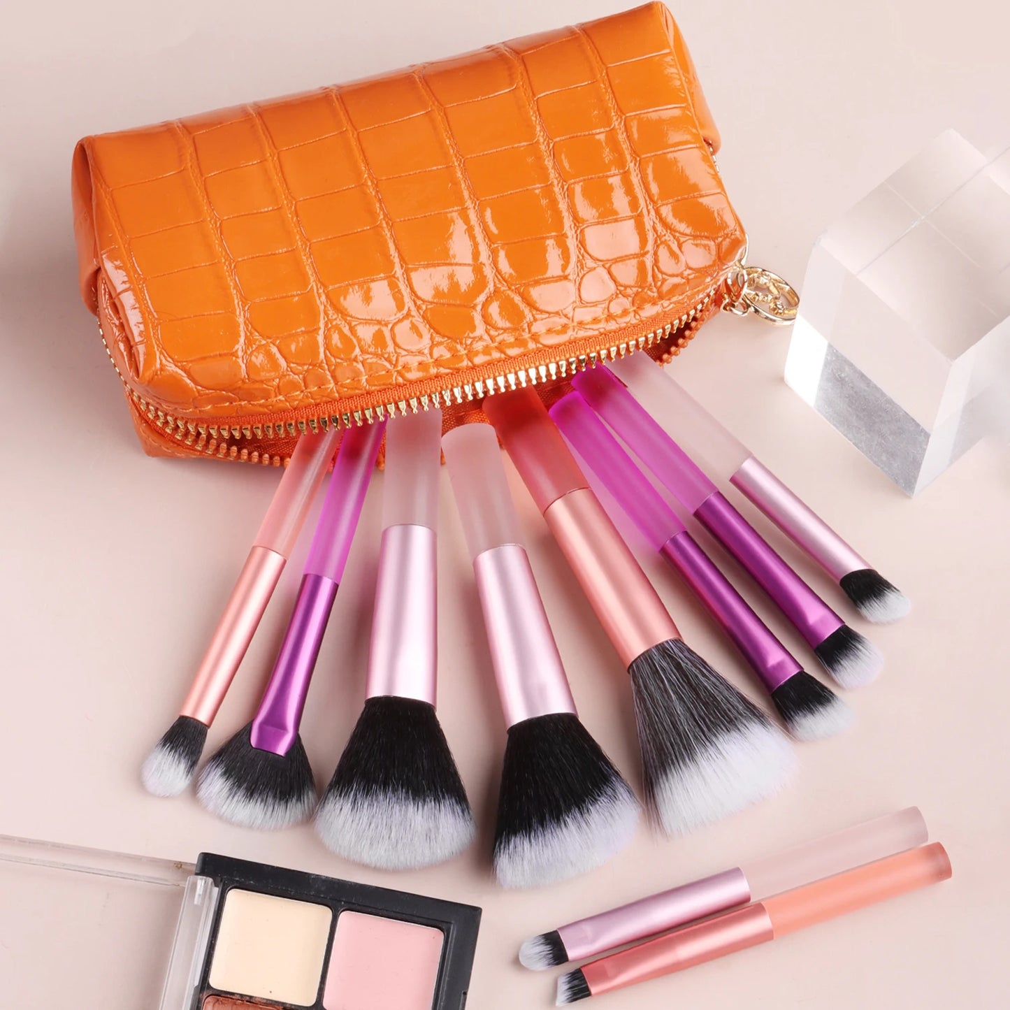 10 mini transparent handle brushes+crocodile patterned bag makeup brush Travel portable Makeup Tool Professional with bag