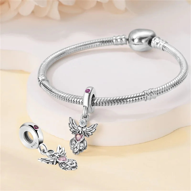 Hot Sale 925 Silver Classic Purple Retro Heart Shape Lotus Angel Pattern Charms Beads Fit 3mm Original Bracelet DIY Jewelry Gift