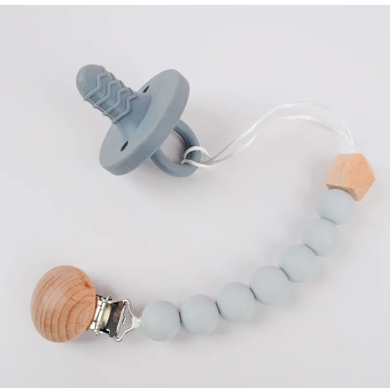 Baby Pacifier Clip Wood Color Silicone Bead Infant Teether Soother Anti-drop Chain Newborn Safe Teething Toy Dummy Nipple Holder