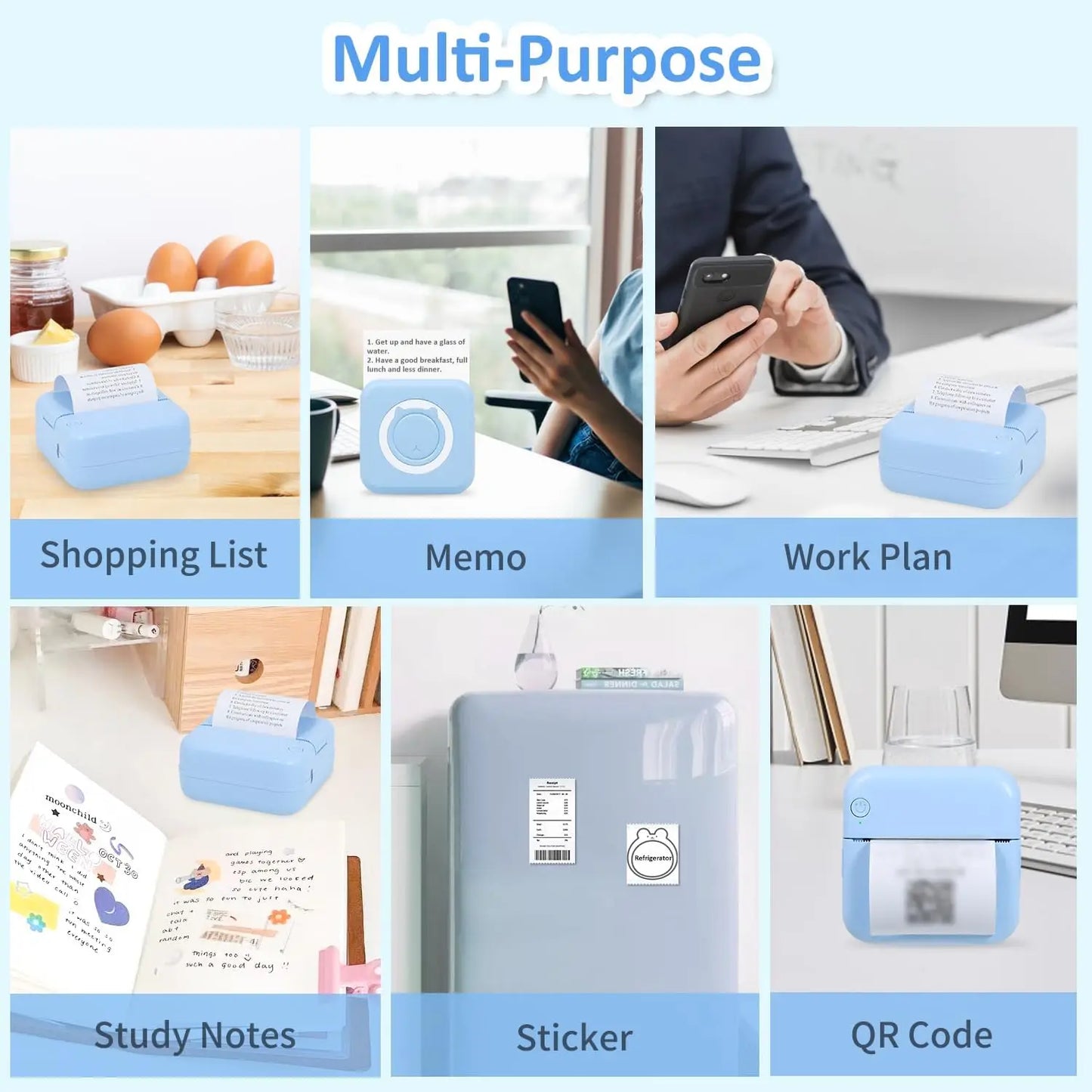 Mini Thermal Printer Portable Wireless Bluetooth Inkless Printer with 3 Rolls Sticker 3 Rolls Thermal Paper for Memo DIY