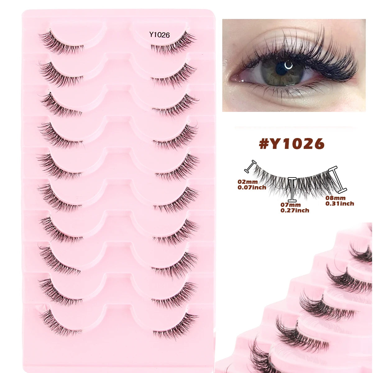 3/5/10Pairs Half False Lashes Natural Short 3D Cat Fake Mink Eyelashes Extension Winged Fluffy Wispy Faux Cils Clear Band Makeup