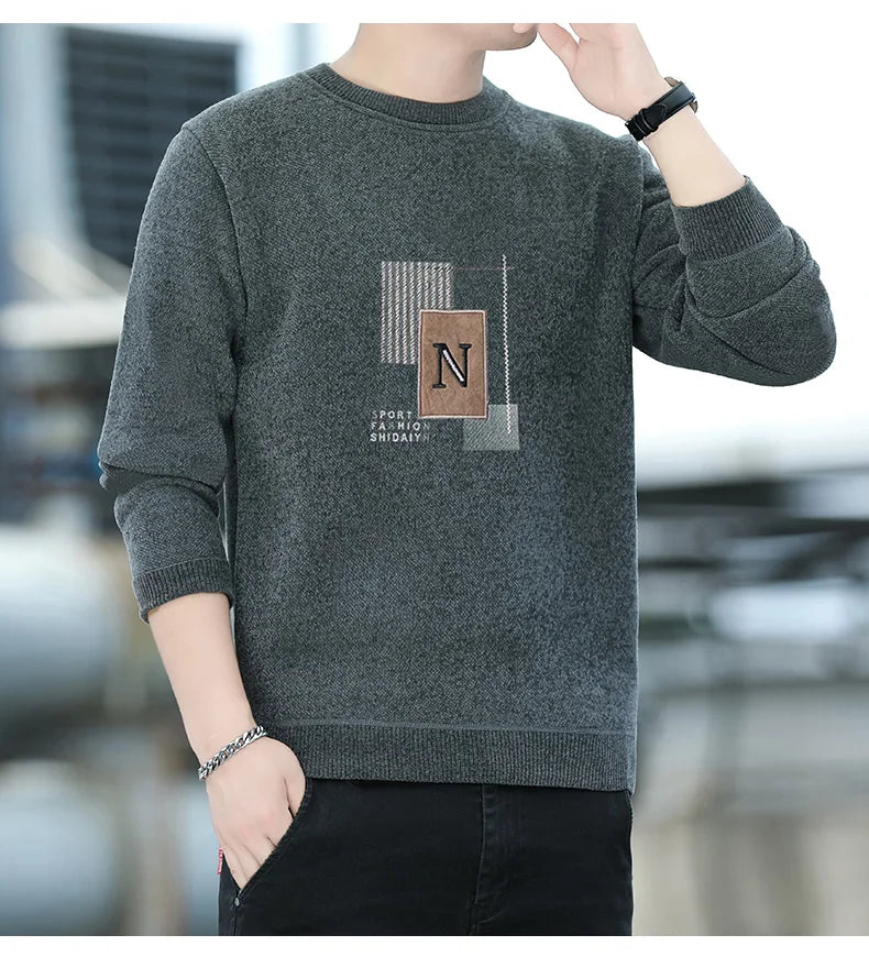 Sweater Men Knitted Round Neck Pullovers Fleece Thick Warm Winter Knitwear Y2K Fashion Jumpers Men's Clothes