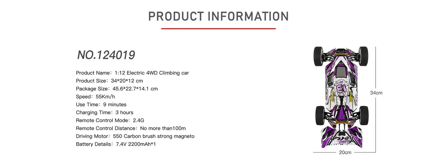 WLtoys 124019 1:12 4WD 55Km/H RC Racing Car Remote Control High Speed Off-Road Drift Shock Absorption Adults Boys Toys Kids Gift