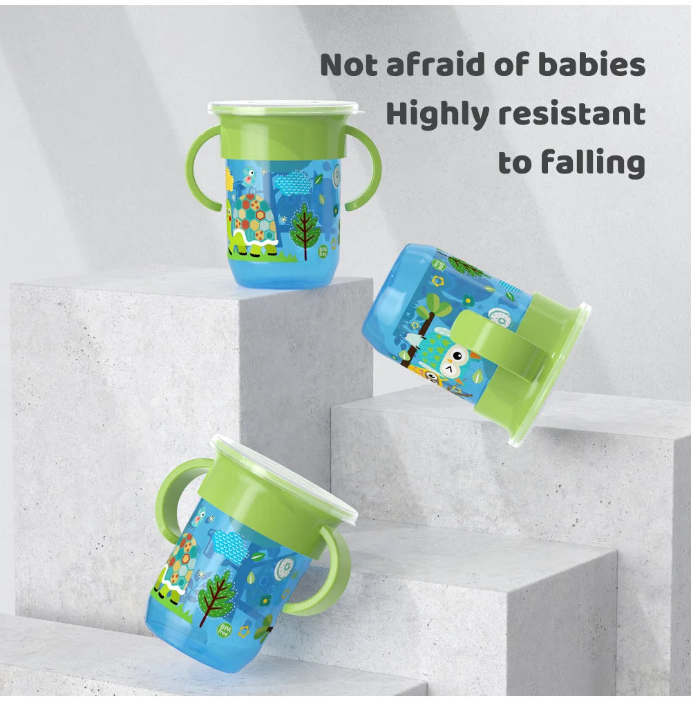 360 Rotated Cartoon Baby Learning Drinking Cup with Double Handle Flip Lid Leakproof Infants Water Cups Bottle BPA Free