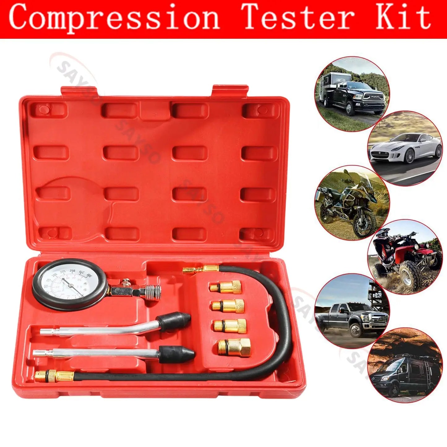 Petrol Engine Cylinder Compression Tester Kit Automotive and Motorcycles Tool 0-300PSI Engine Cylinder Pressure 0-21 Bar Gauge
