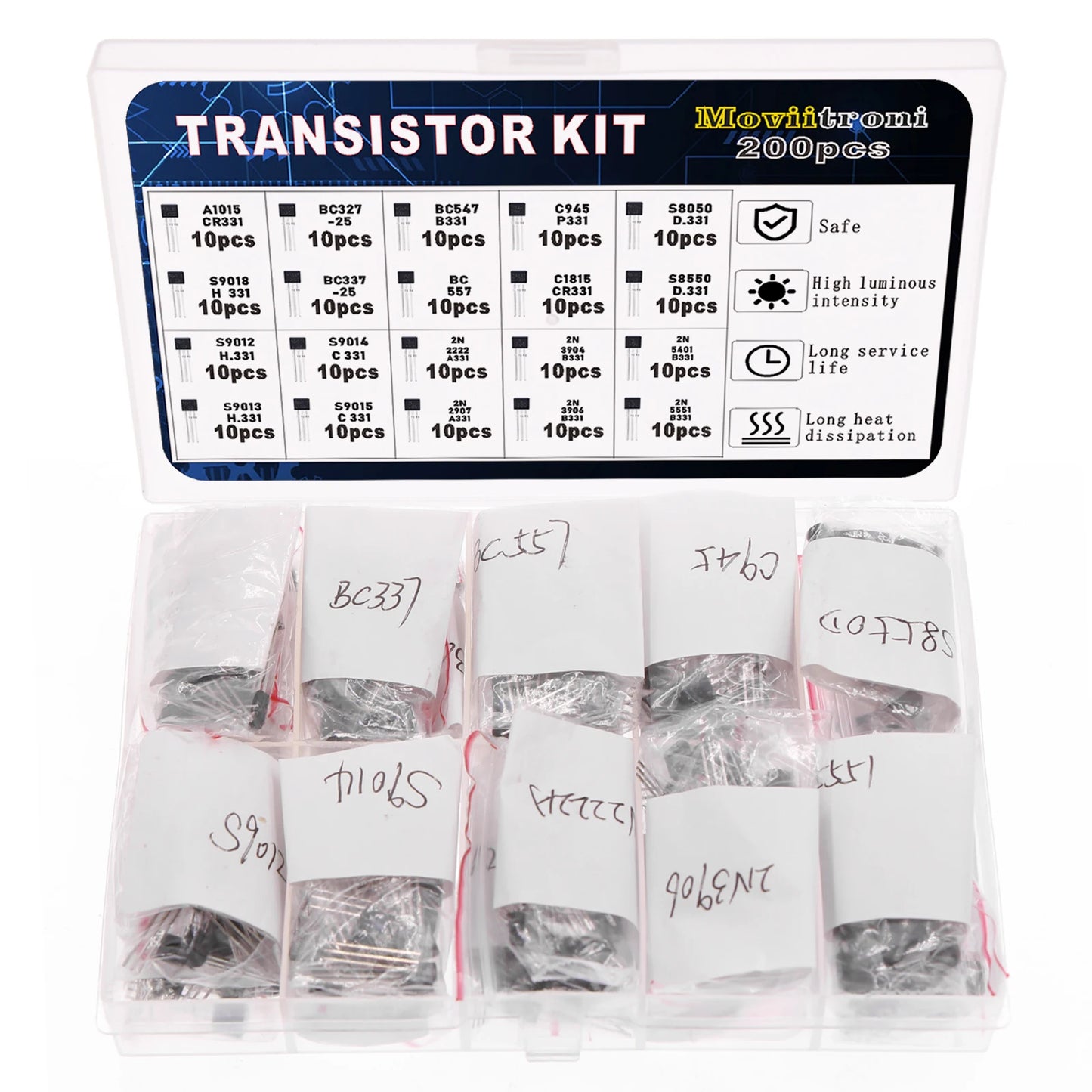 200pcs BJT Transistor Kit 10 Values A1015 BC327 BC337 C1815 S8050 S8850 2N2222 2N2907 PNP NPN Bipolar Power Transi