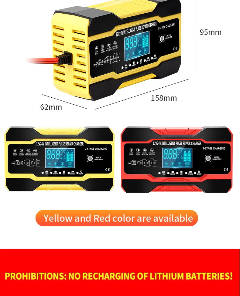 12V-24V Car Battery-Charger Full Automatic 12V 10A Digital Car Battery Charger Pulse Repair for AGM GEL WET Lead Acid