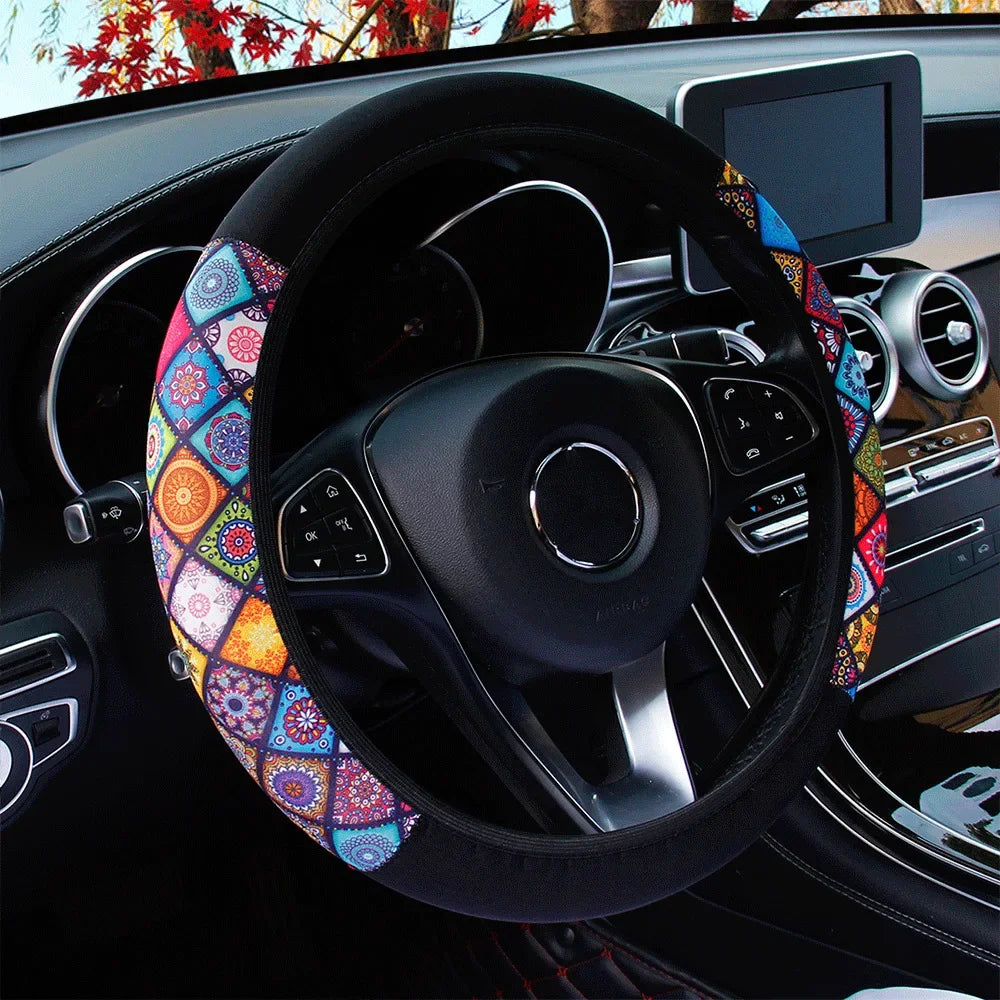 38cm Elastic Car Steering Wheel Cover Ethnic Style Print Anti-slip Car Steering-wheel Cover Car Interior Accessories Car Styling