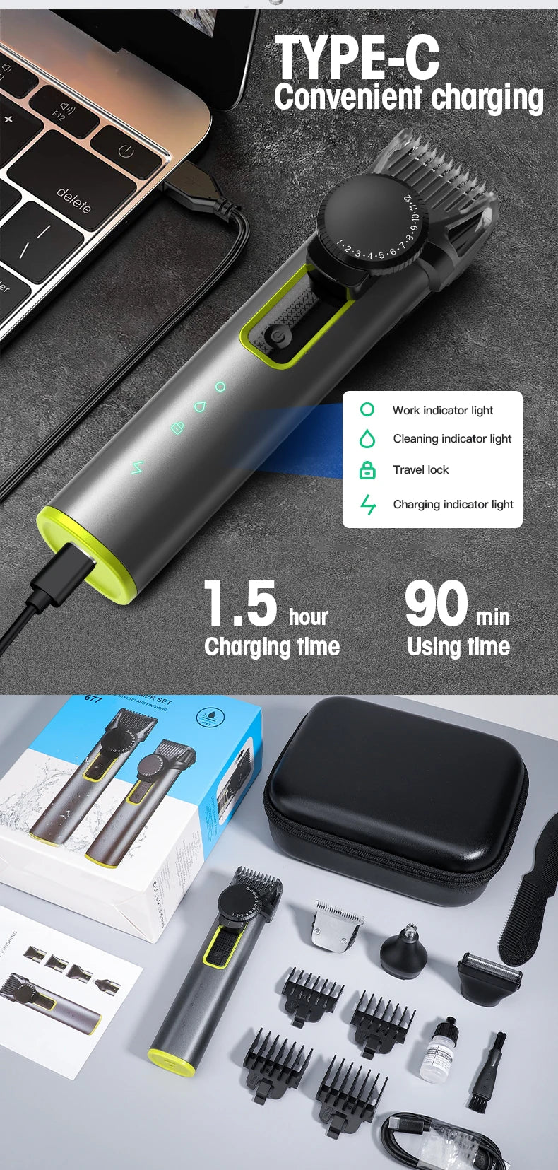 IRUIBEAUTY 4-in-1 Hair Trimmer Electric Hair Clipper IPX5 Waterproof Hair Cutting Machine Adjustable Shaver Nose Trimmer for Men