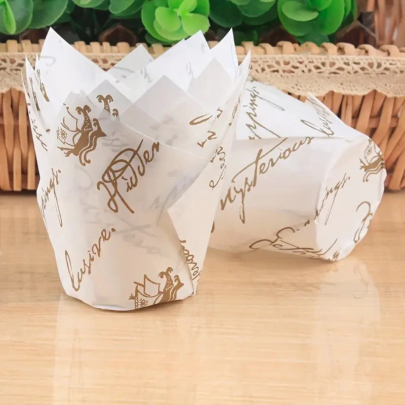 40/100/200Pcs Tulip Cupcake Liners, Muffin Cupcake Paper Wrappers with Gold Print, Baking Cup Holder for Wedding, Birthday