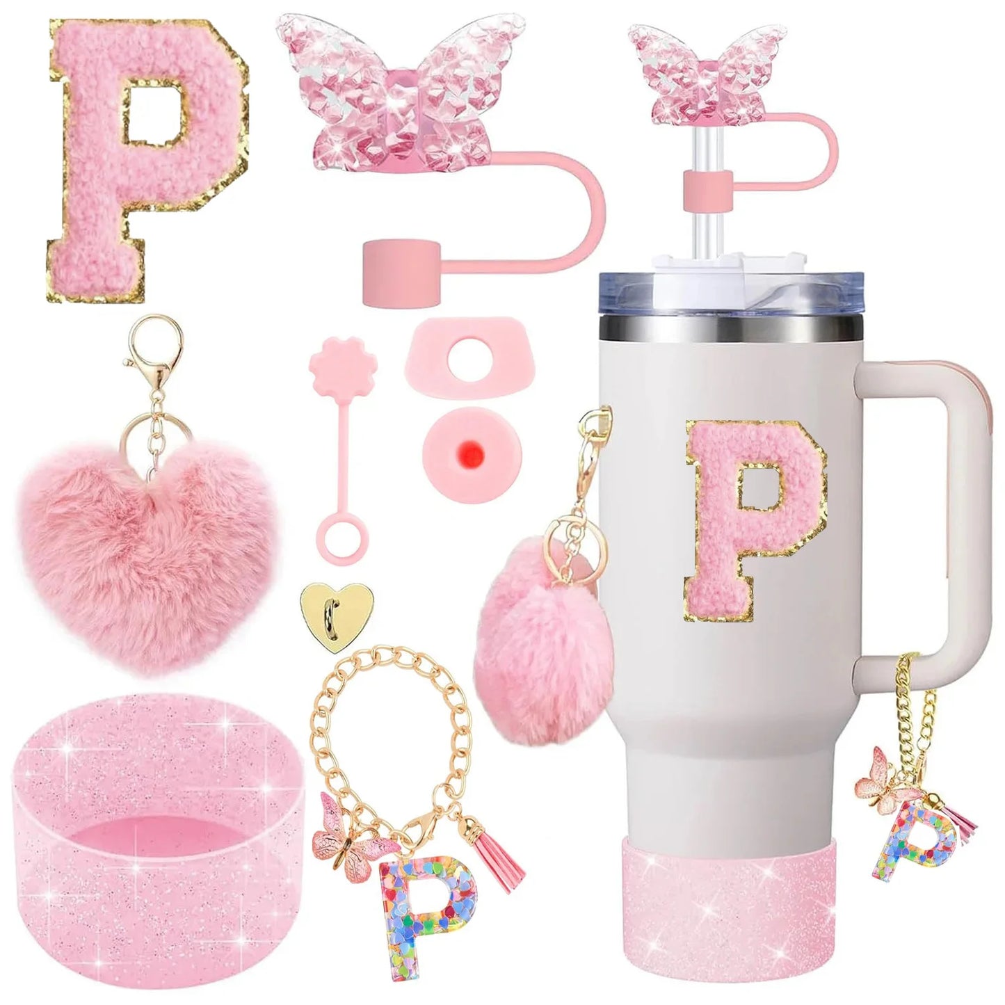 9PCS Accessory Set for Stanley Cup 30oz 40oz Butterfly Straw Cover Cap Silicone Boot Charm Initials Sticker Spill Proof Stopper
