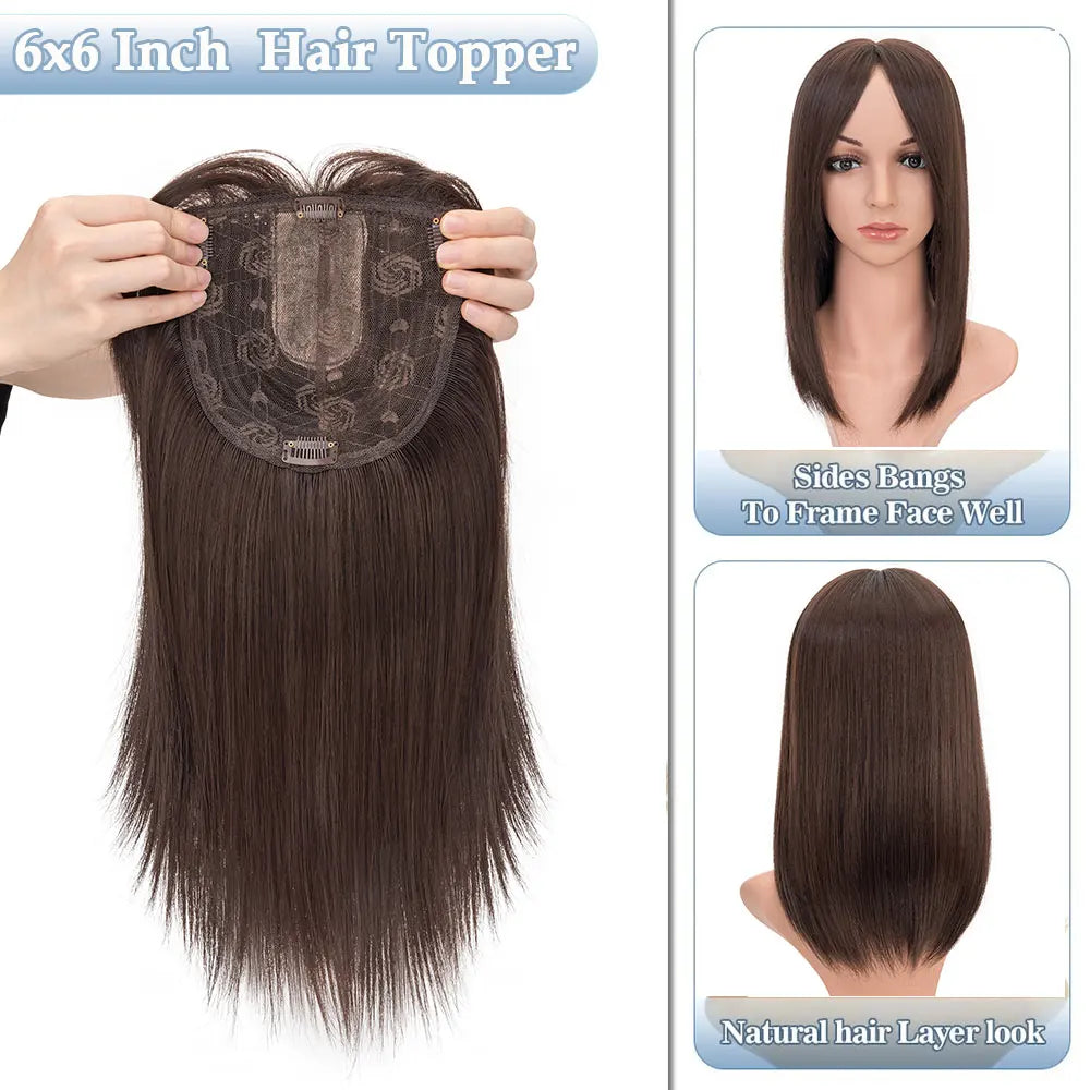 Benehair 14'' 18'' Hair Toppers with Bangs for Women Synthetic 6x6 Top Hairpieces Wigs Long Striaght Clip in Hair Extension