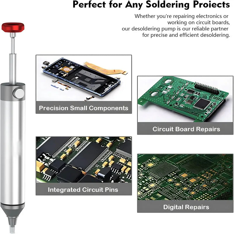 Solder Sucker Non-Clog Desoldering Pump for Removing Solder with Replaceable Heat-Resistant Silicone Tip and Spare Metal Tip