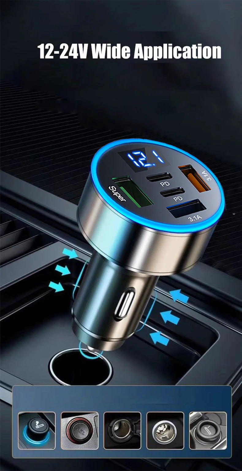 UYUXIO 5 in 1 USB Car Phone Charger Adapter with Voltage Display Dual PD Port Super Fast Charge for iPhone Samsung Huawei OPPO