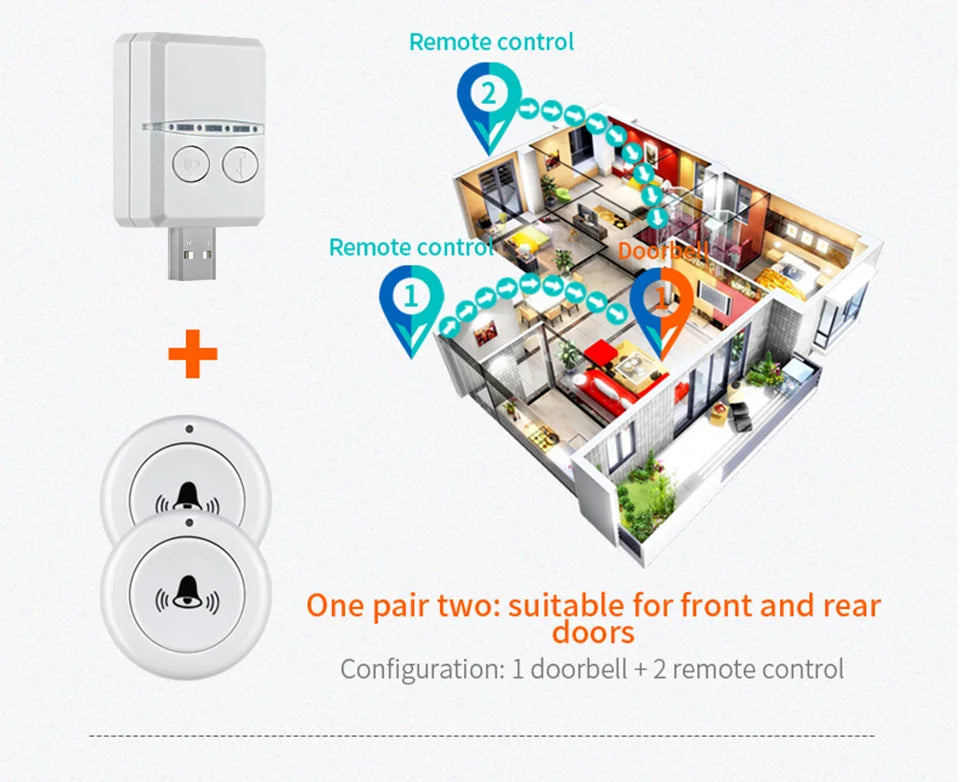 Wireless Doorbell DC 5V RF433 MHz Pairing Remote Control 30 Ringtongs Volume Adjust For Home Outdoor USB Door Bell Bed Care Call