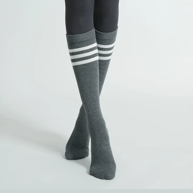 Autumn Winter Women Yoga Socks Striped Cotton Fitness Breathable Pilates Socks Middle Tube Non-Slip Gym Dance Ballet Grip Socks