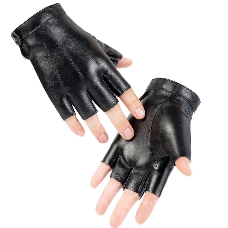 Men Women Gloves PU Leather Fingerless Fitness Sports Button Street Dance Perform Fishing Tactics Four Seasons Cycling Gloves