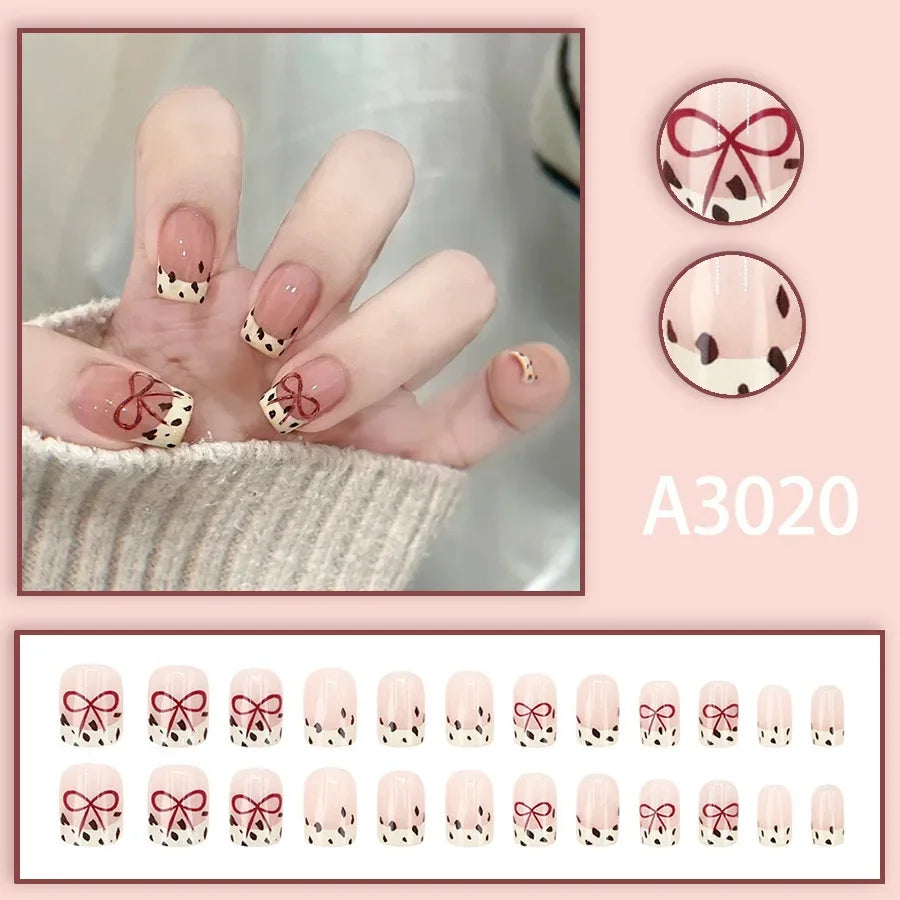 Watercolor Rose Fake Nail with Jelly sticker Press on False Nails Wearable Round Head Oval Full Cover Nail Tips