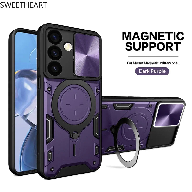 Magnetic Adsorption Armor Metal Ring Case For Samsung Galaxy S25 24 23 22 21 20 Ultra S24 S23 Plus S24FE Incoming Call Flashing