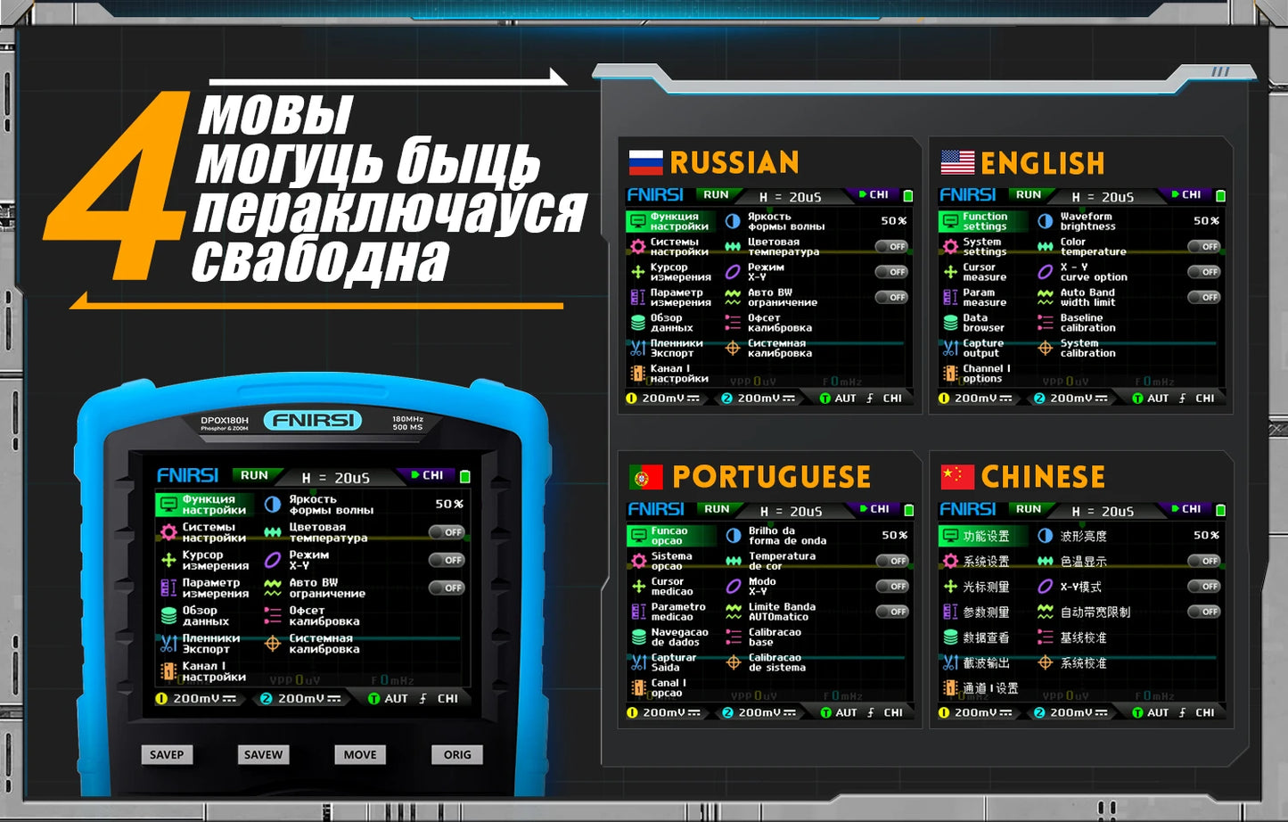 FNIRSI DPOX180H ру́сский язы́к портативный фосфористый цифровой 180 МГц 50000wfms/s генератор сигналов 20 МГц ZOOM