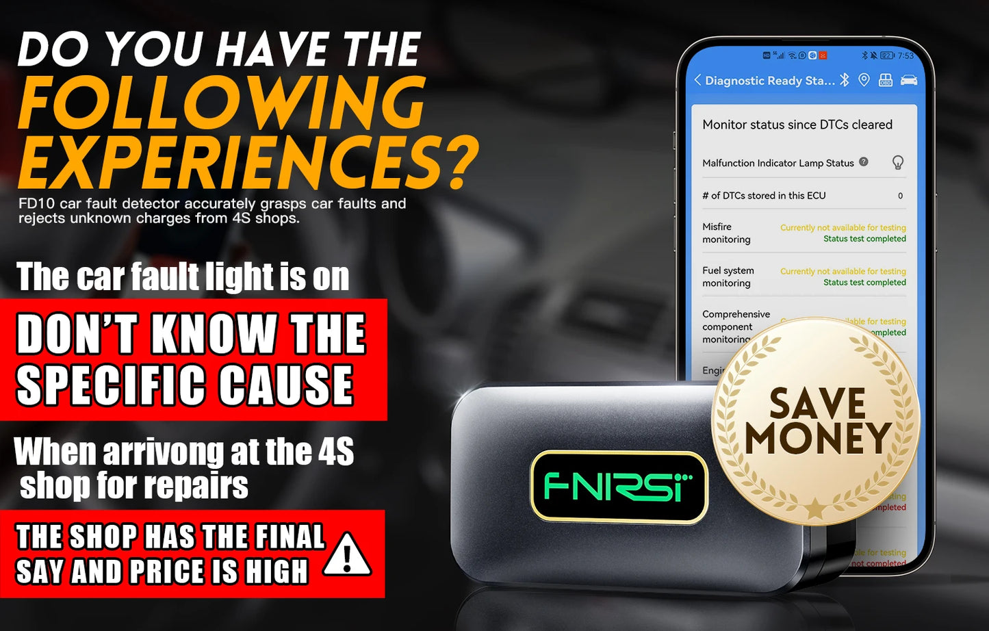 FNIRSI FD10 Car OBD2 Scanner Code Reader Clear Error OBD Diagnostic Tool IOS Android BluetoothV5.1 Check Engine Light Car Repair