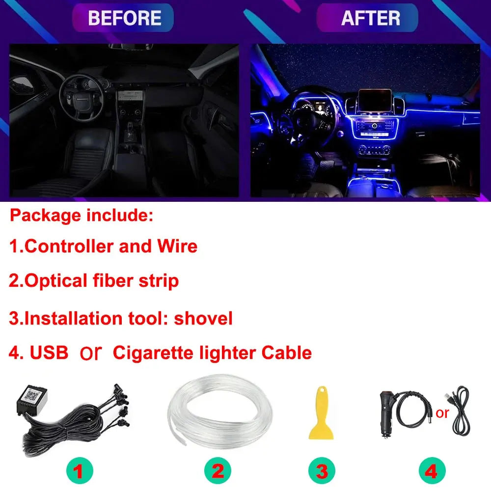 6IN1 8M RGB LED Atmosphere Car Interior Ambient Light Fiber Optic Strips Light by App Control Neon LED Auto Decorative Lamp