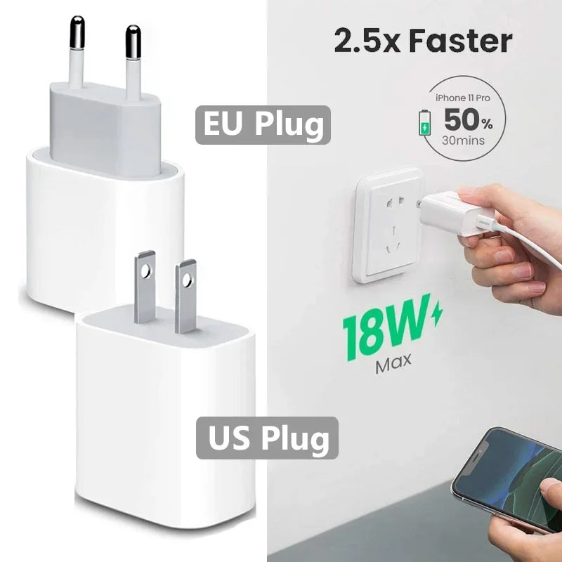 20W USB C Phone Charger PD Type C Cable Fast Charger Mobile Phone Charger for iPhone 15 16 Pro Max iPad Samsung Oppo EU/US Plug