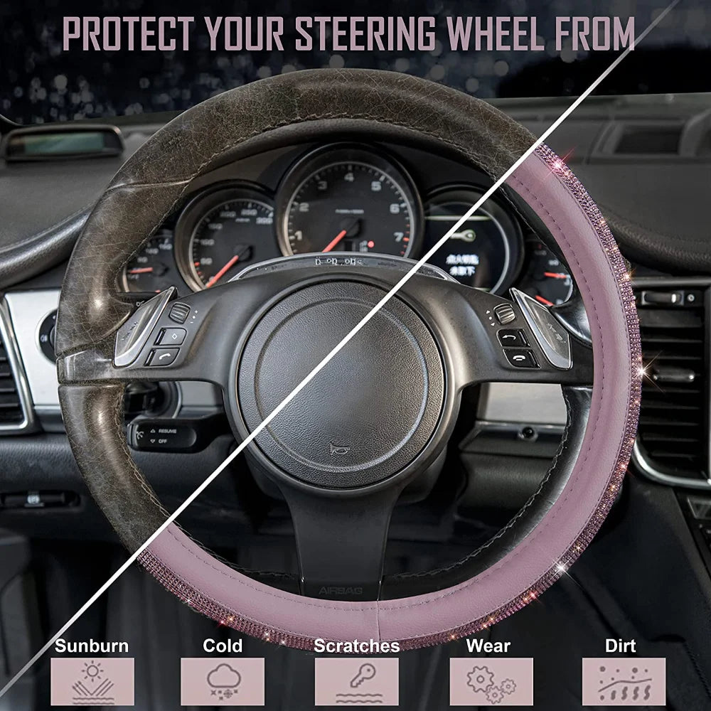 38cm CAR PASS Red Diamond Black Leather Steering Wheel Cover With Bling Crystal Rhinestones Universal