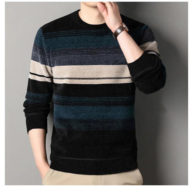 Mens Thickened Sweater Stripe Velvet Pullover Men's Winter Clothes Elegant Luxury Brand Fashion Knitted Sweaters