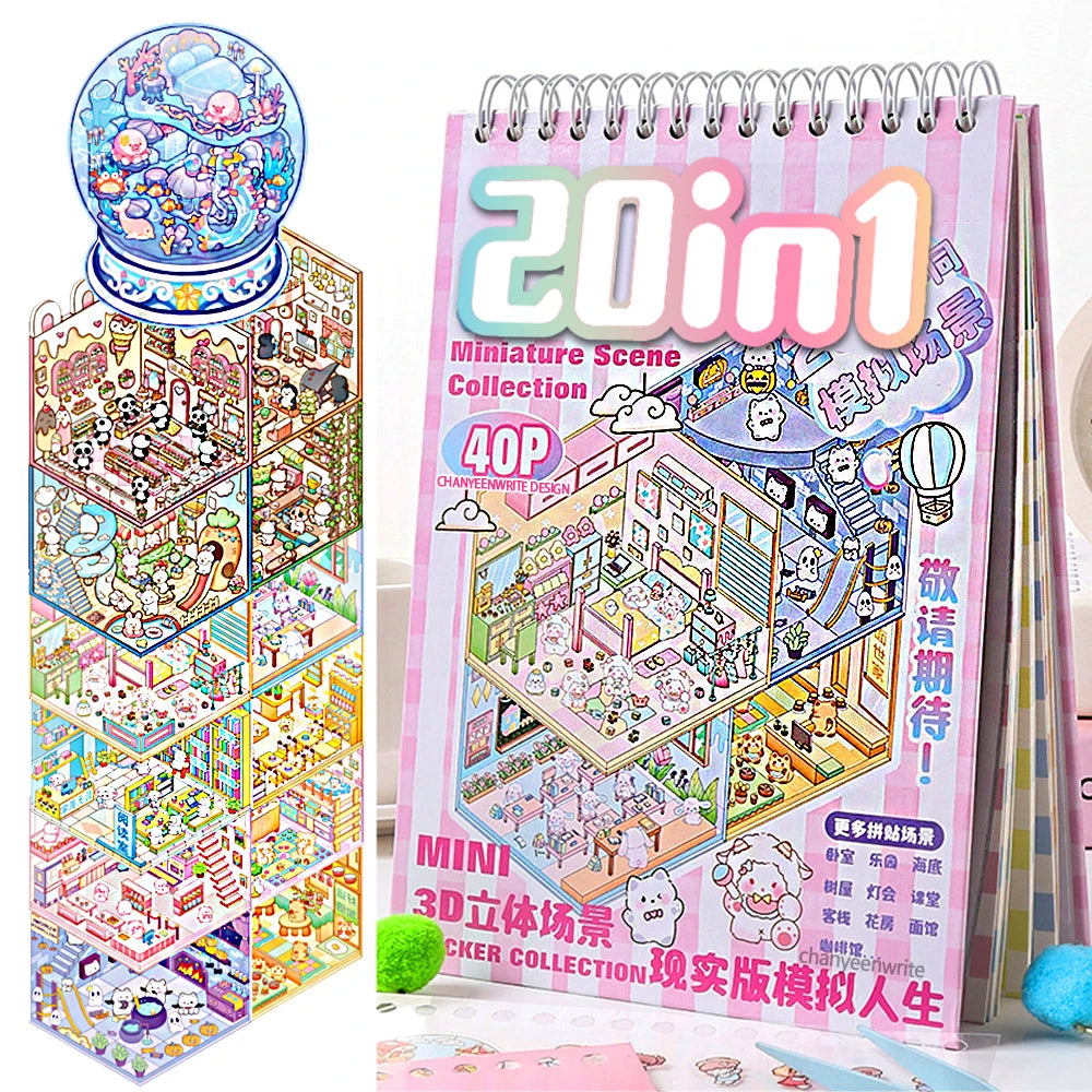 20Sences in Book 2.5D Landscape Sticker Album Cartoon Scene DIY Toy Game Festival Birthday Present Gift Box for Kid Girl Child