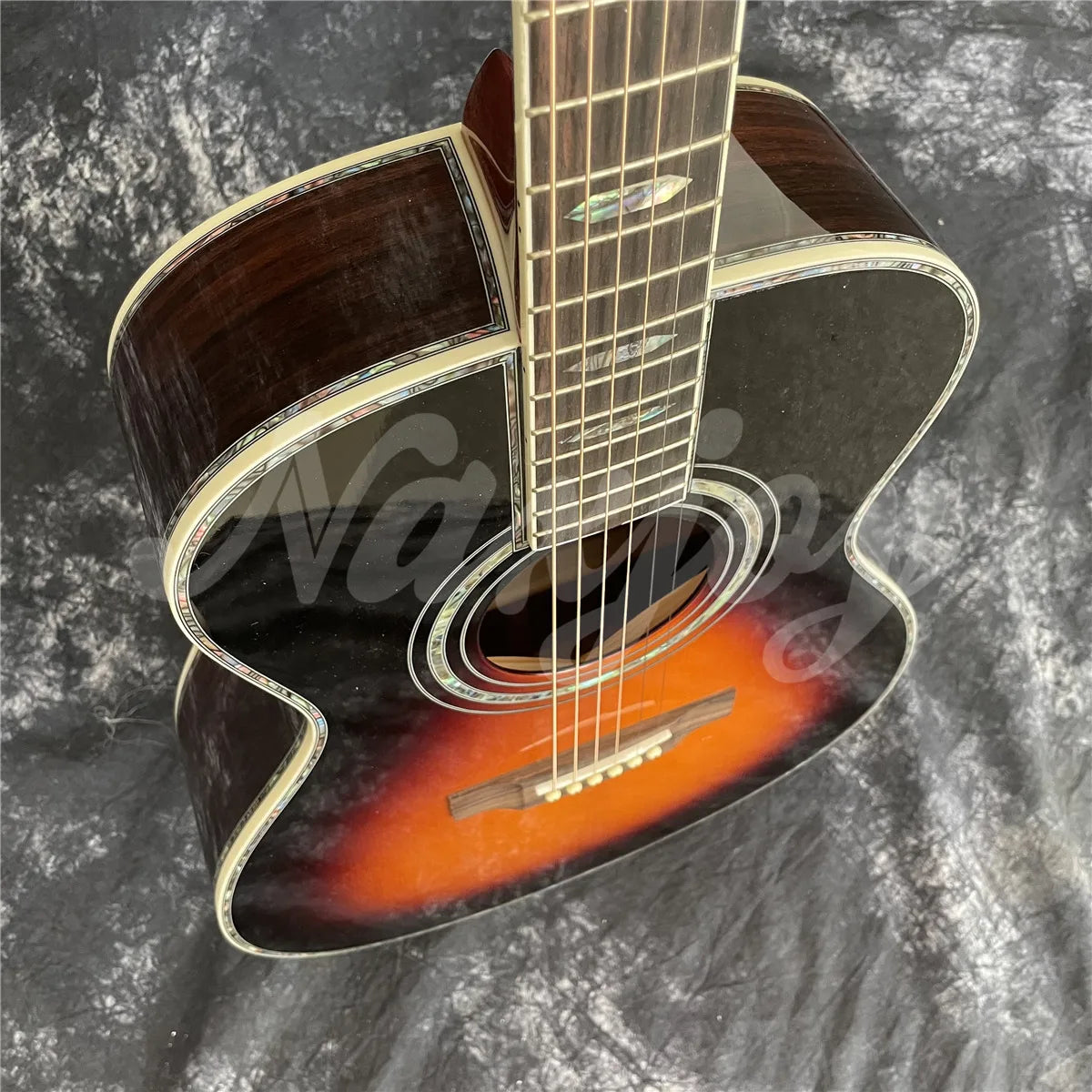 Sunburst Solid Spruce Acoustic Guitar 40 Inches OM Type 45 Model Rosewood Body Abalone Inlays Ebony Fingerboard