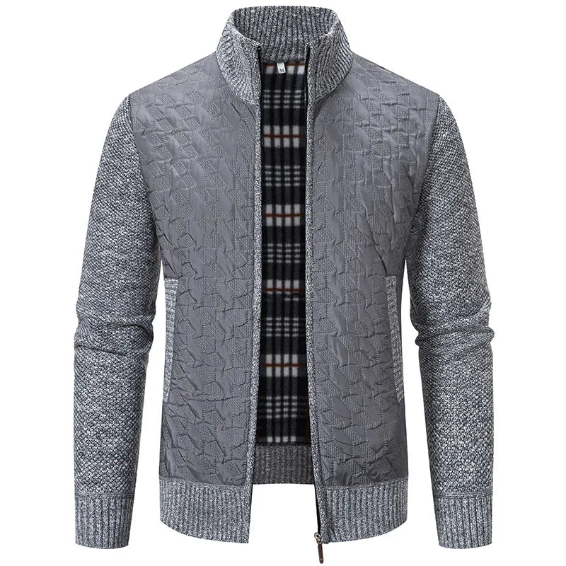 Mens Sweaters Jacket Full Zip Fleeced Sweater Cardigan Plaid Stand Collar Sweaters Coat Autumn Winter Homme Clothes