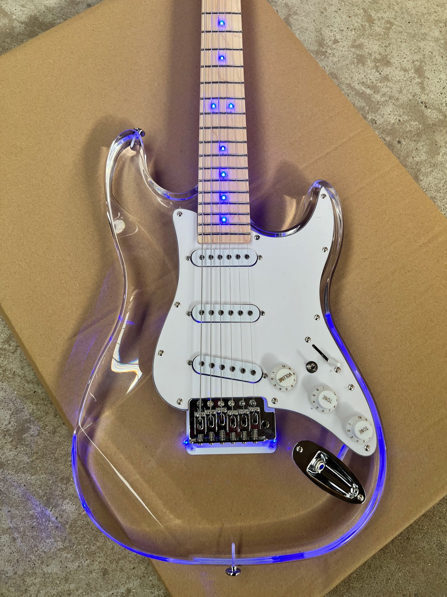 Acrylic clear crystal Plexiglas 6-string electric guitar Blue LED lights Maple guitar neck Free shipping