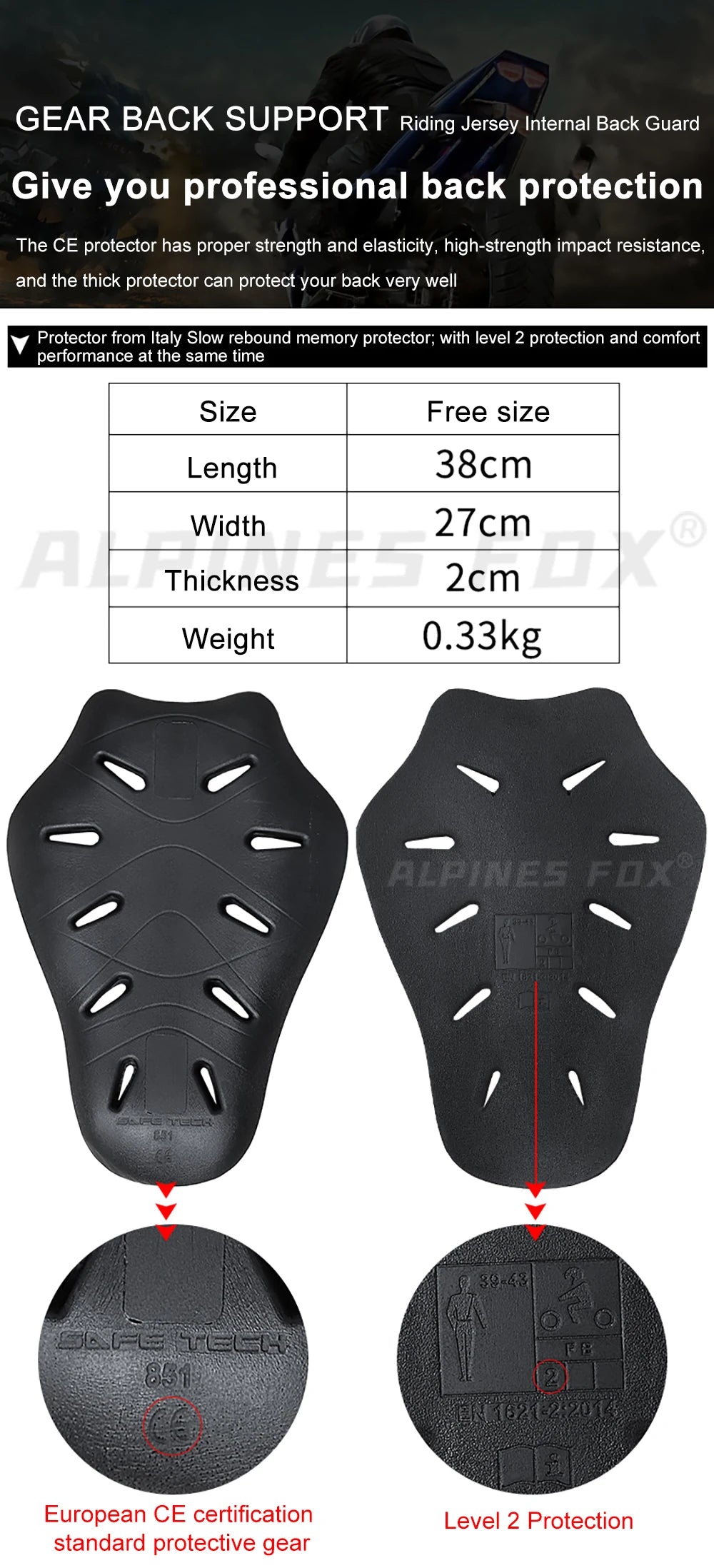 CE Level 2 Certified Motorcycle Jacket Insert Back Protector Thicken High Elasticity Rider Armor Chest Back Spine Protective Pad