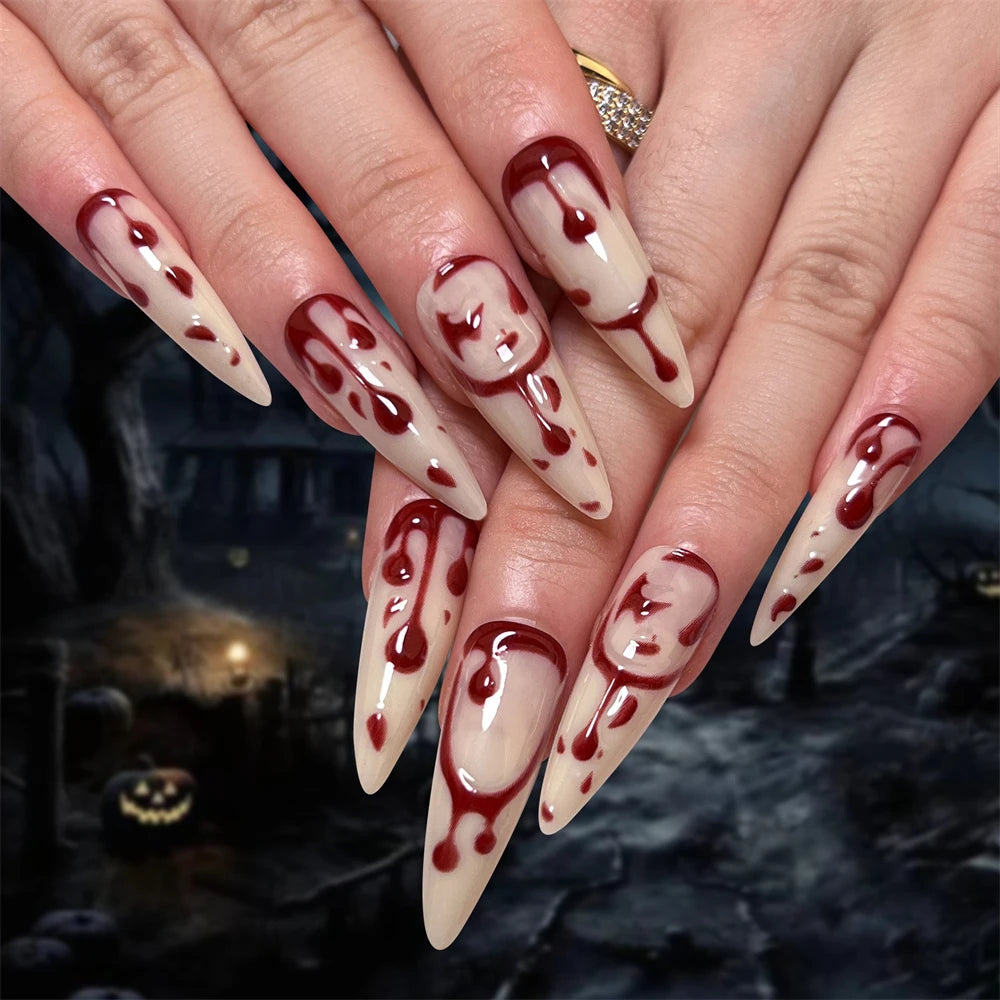 24pcs Glitter Pink Sequins Fake Nails 2025 Halloween Scary Skull Love Print False Nails Wearable European Ballet Press on Nails