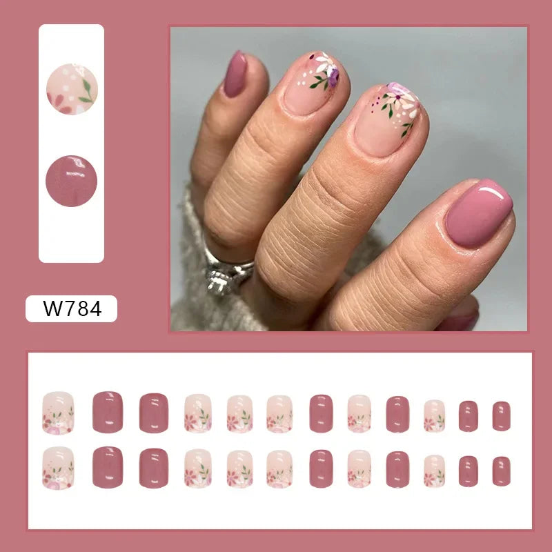 Gold Pink Wine Red 24 Pcs Fake Nail with Jelly sticker Press on False Nails Wearable Round Head Oval Full Cover Nail Tips