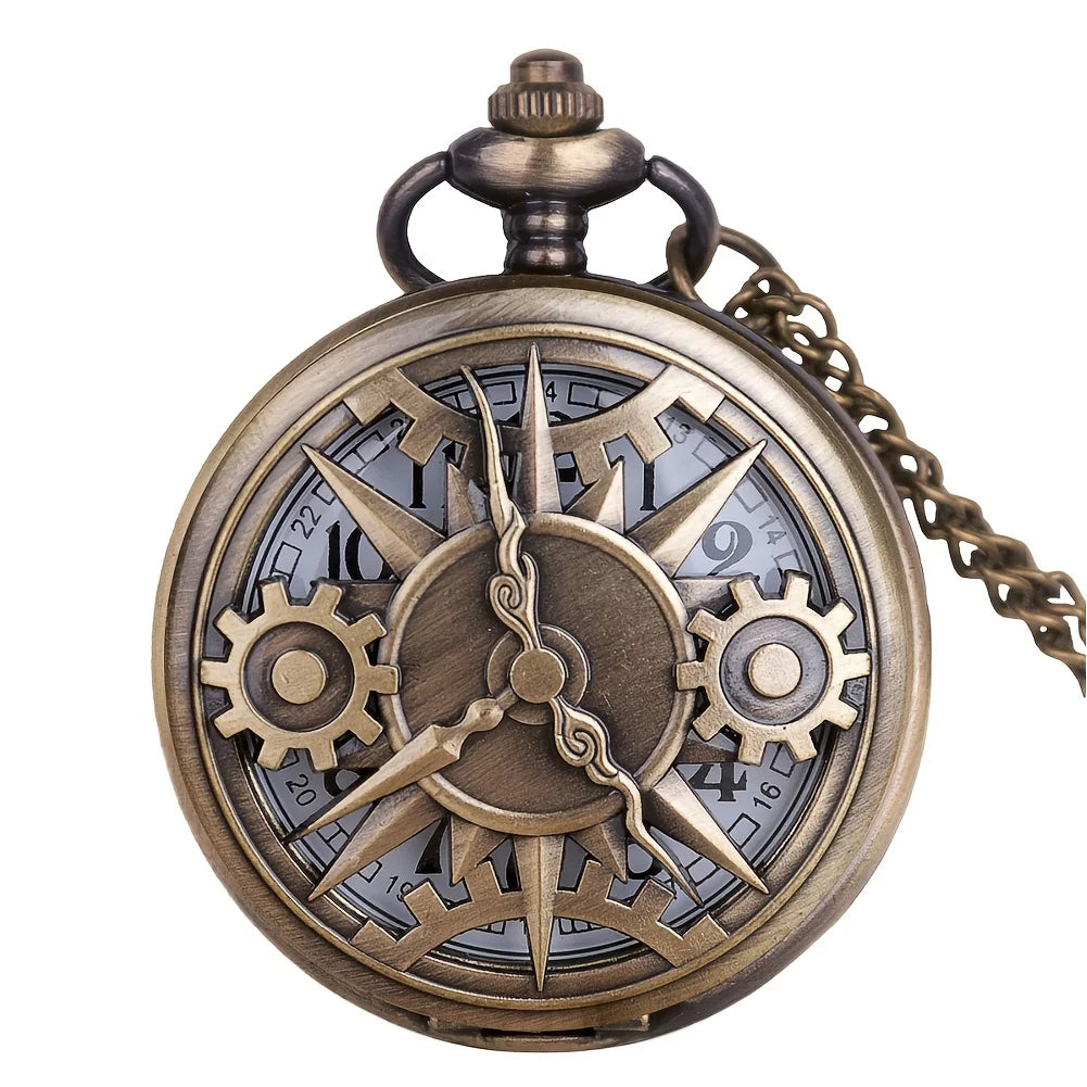 Antique Steampunk Bronze Hollow Gear Movement Quartz Pocket Watch Pendant Gift With Chain Boys Men