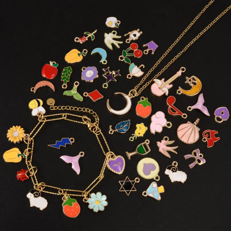 30/60/100pcs Random Mix Different Animal Moon Fruits Heart Drip Oil Pendant Jewelry Making Supplies Metal Alloy Handmade Earring