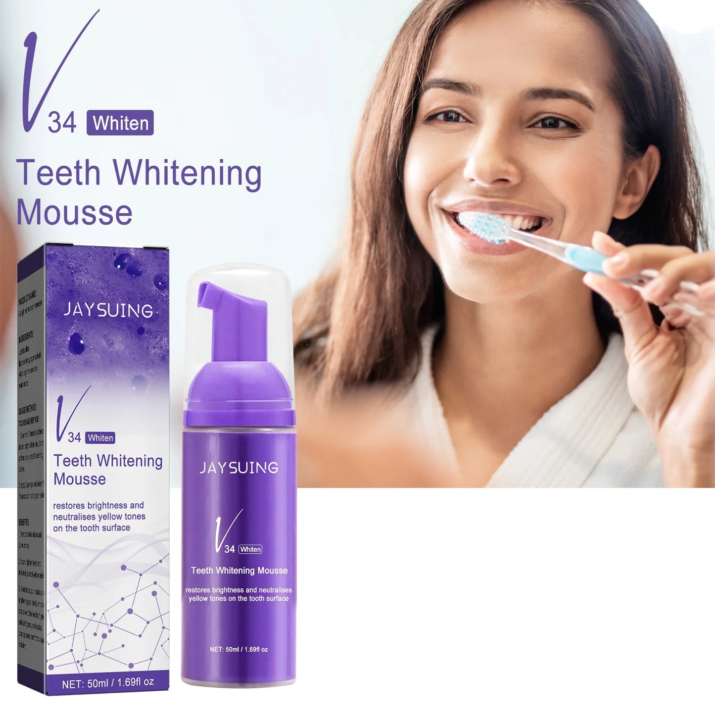 Teeth Whitening Mousse V34 Colour Dental Enamel Care Deep Cleansing Stains Melanin Removal Tooth Bleaching Foam Toothpaste 50ml