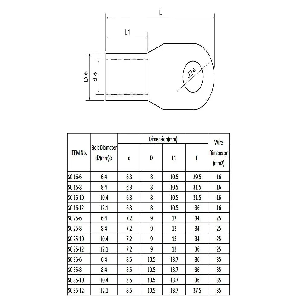 10pcs 16-35mm2 SC16-6 SC25-6 SC35-6 Tinned Copper Wire Nose Terminal Crimp SC Type Lugs Ring Cable Connector Kit
