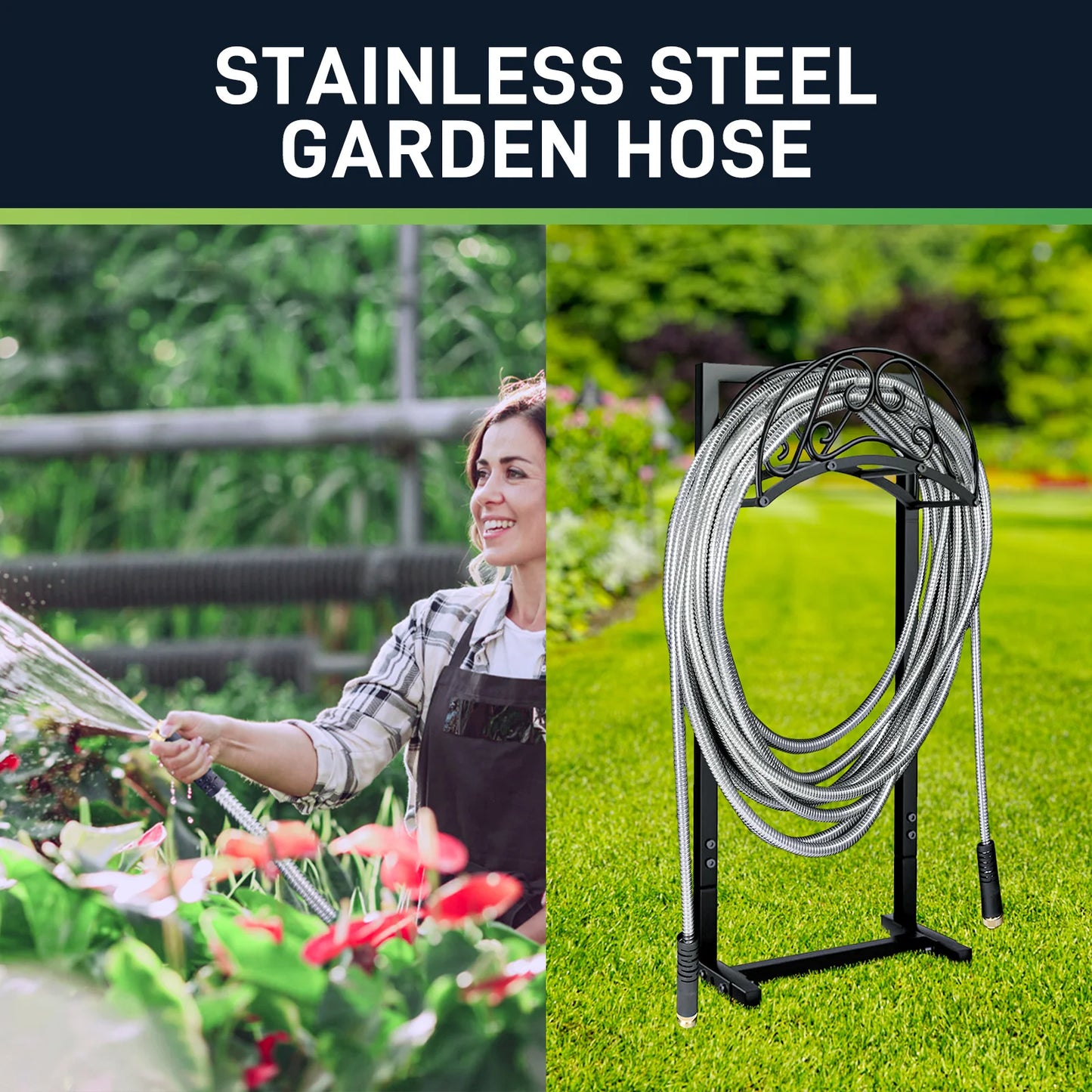 GardenJoy Stainless Steel Garden Hose With 10 Function Nozzle 3/4" Connectors Metal Garden Hose Flexible Kink Free & Tangle Free