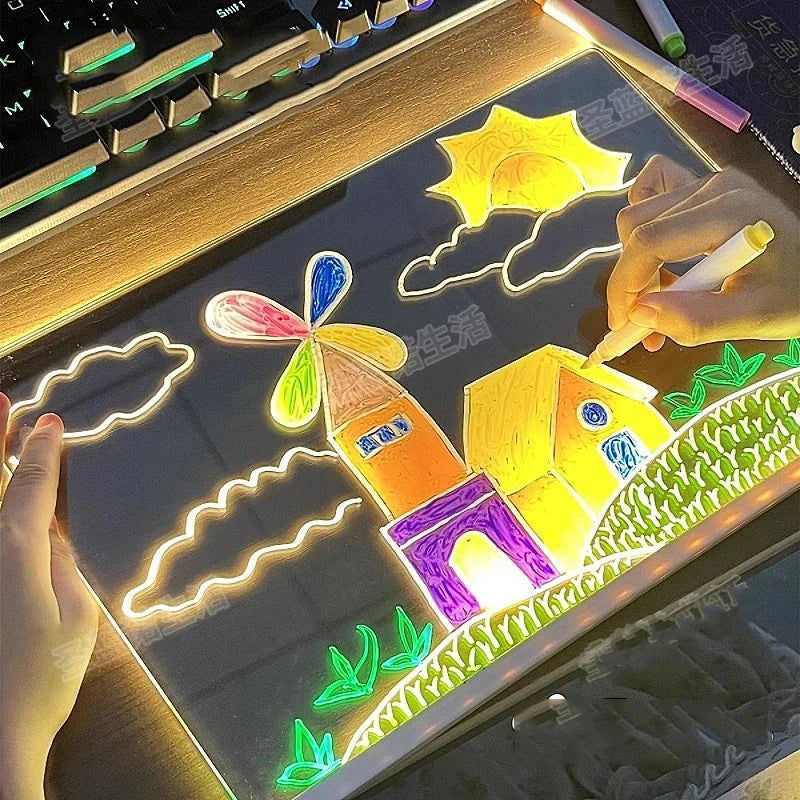 LED Luminous Blackboard Drawing Toys Magic Light Blackboard Graffiti Coloring Art Lamp Acrylic Message Board Montessori Kids Toy