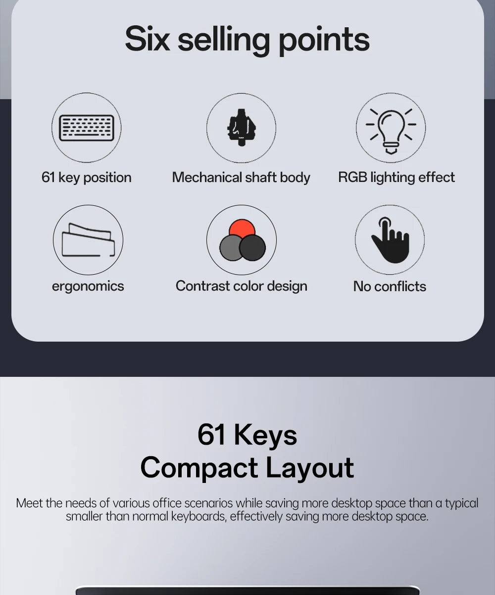 MUCAI 61key mechanical keyboard red axis RGB backlight effect hot swappable compact and practical designed for gaming and typing