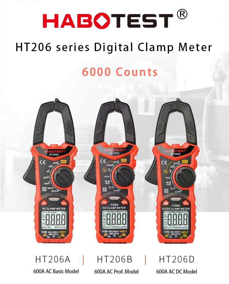 HABOTEST Digital Clamp Meter HT206A HT206B HT206D 600A AC DC Current Two-color Backlight NCV Voltmeter Ammeter With Leather Case