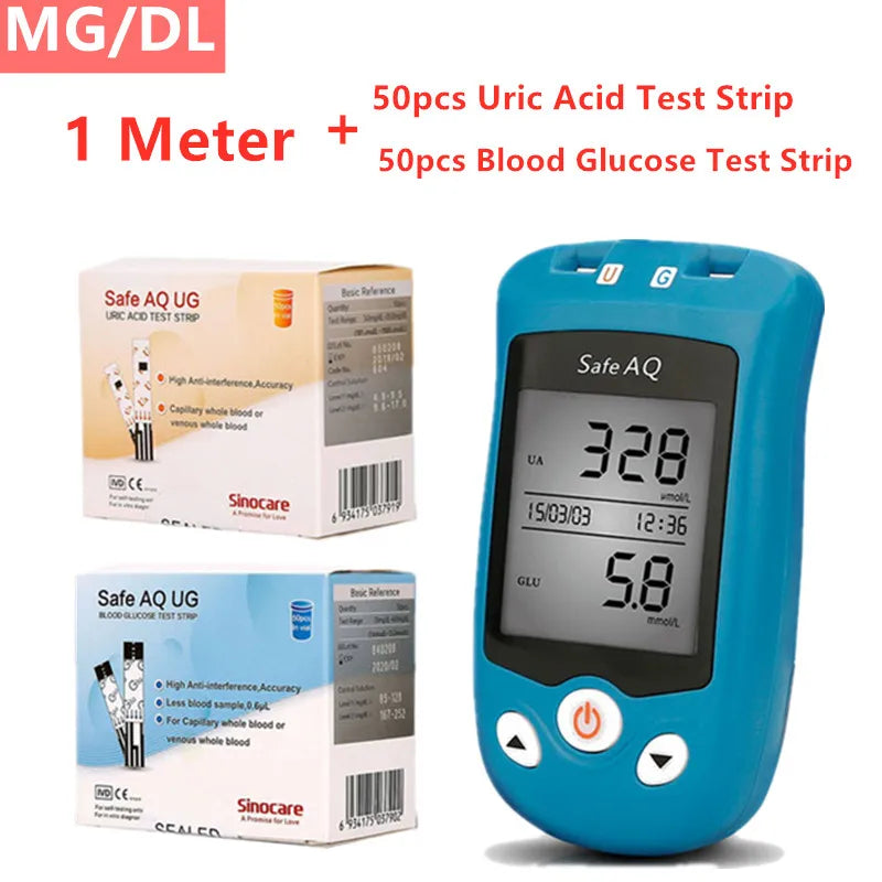 Sinocare Blood Glucose Meter Uric Acid Test Kit & Glucose Strips  Safe AQ UG  Uric Strips for Diabetes Gout Pregnant Glucometer