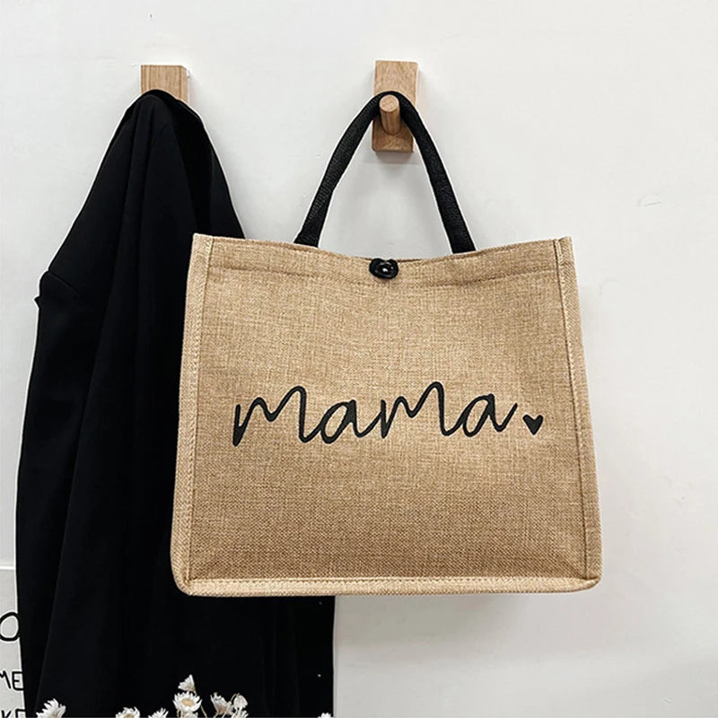 Women Large Capacity Tote Bag Mama Letter Printing Casual Fashion Linen Handbag Shopping Shoulder Bag Mother’s Day Gifts for Mom